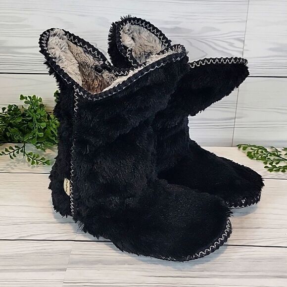 Dearfoams Beth Slippers Faux Fur Fleece Mid-Calf Black Womens Size Large - Picture 1 of 9